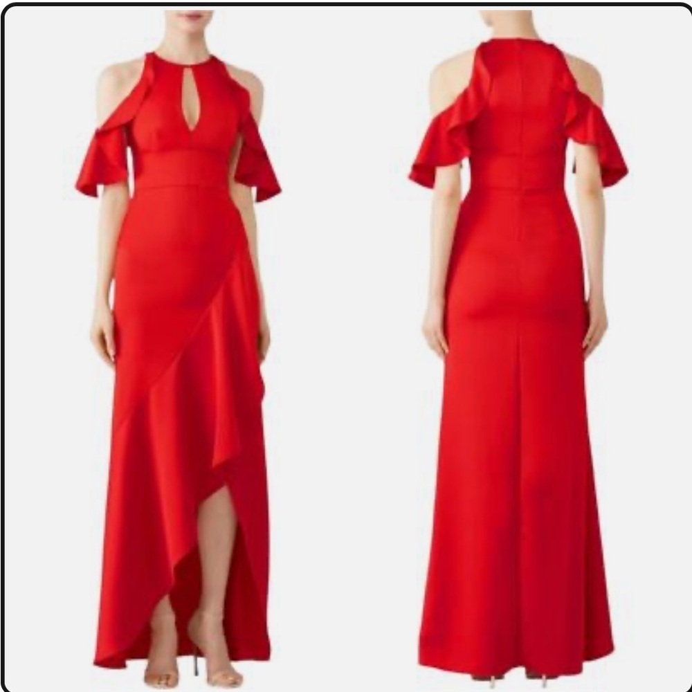 Monique Lhuillier Hi Low Gown Dress Red Cold Shoulder Ruffle
Lined Tulip Hem
